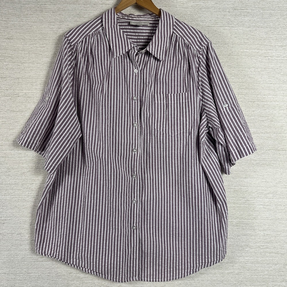Woman Within 1X 22/24 Striped Cotton Button Up Shirt Lightweight Purple Stripe